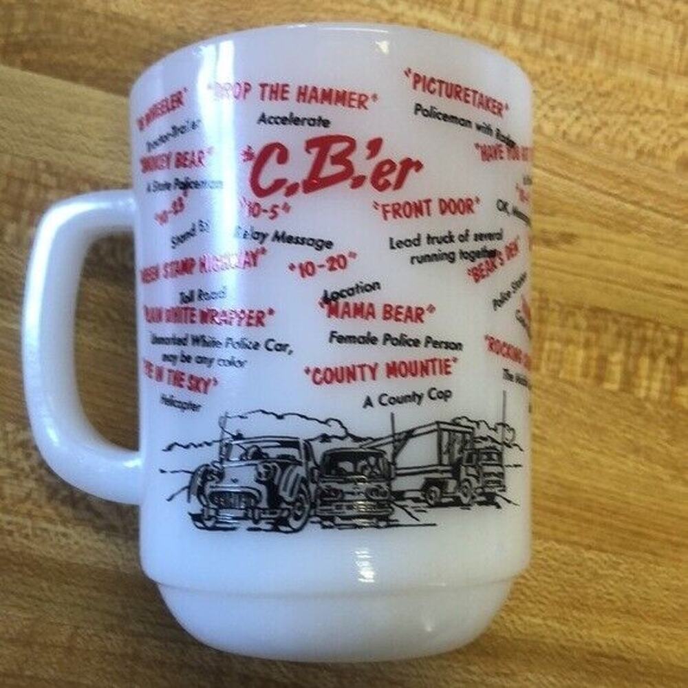 Vintage Anchor Hocking Fire-King Milk Glass Trucker Coffee Mug CB'er USA